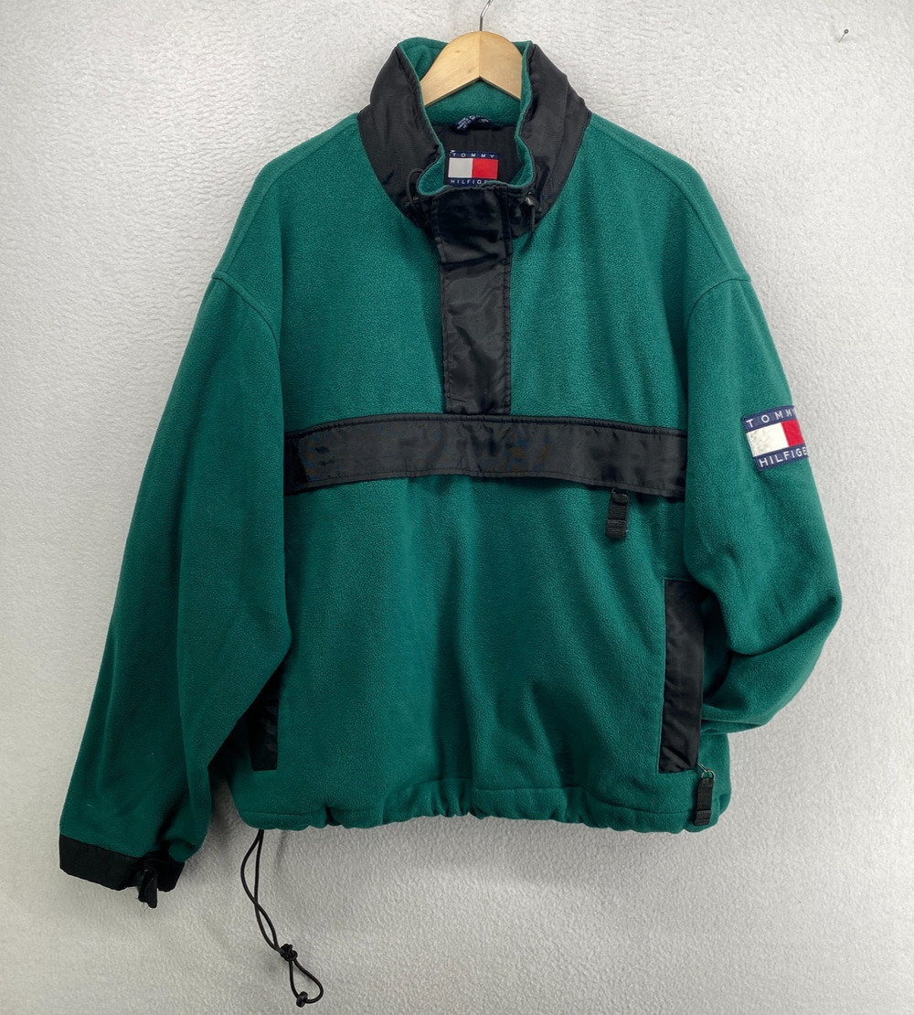 TOMMY HILFIGER Jacket Mens L Fleece Anorak 1/2 Zip Pullover Hoodie Green VTG